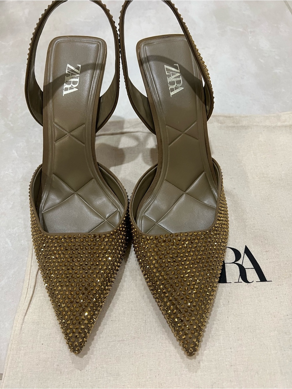 ZARA Brown Gold-Tone Crystal Pointed Slingback Heels ONLY WORN ONCE!